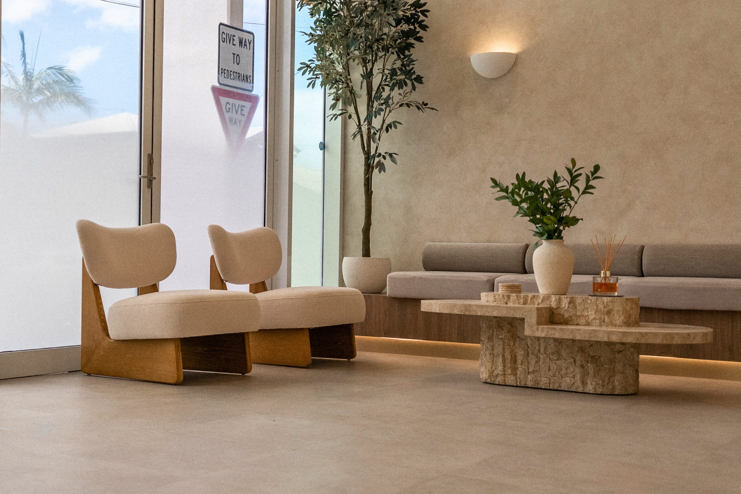 Clinic waiting area with accessible open floor space and varied seating